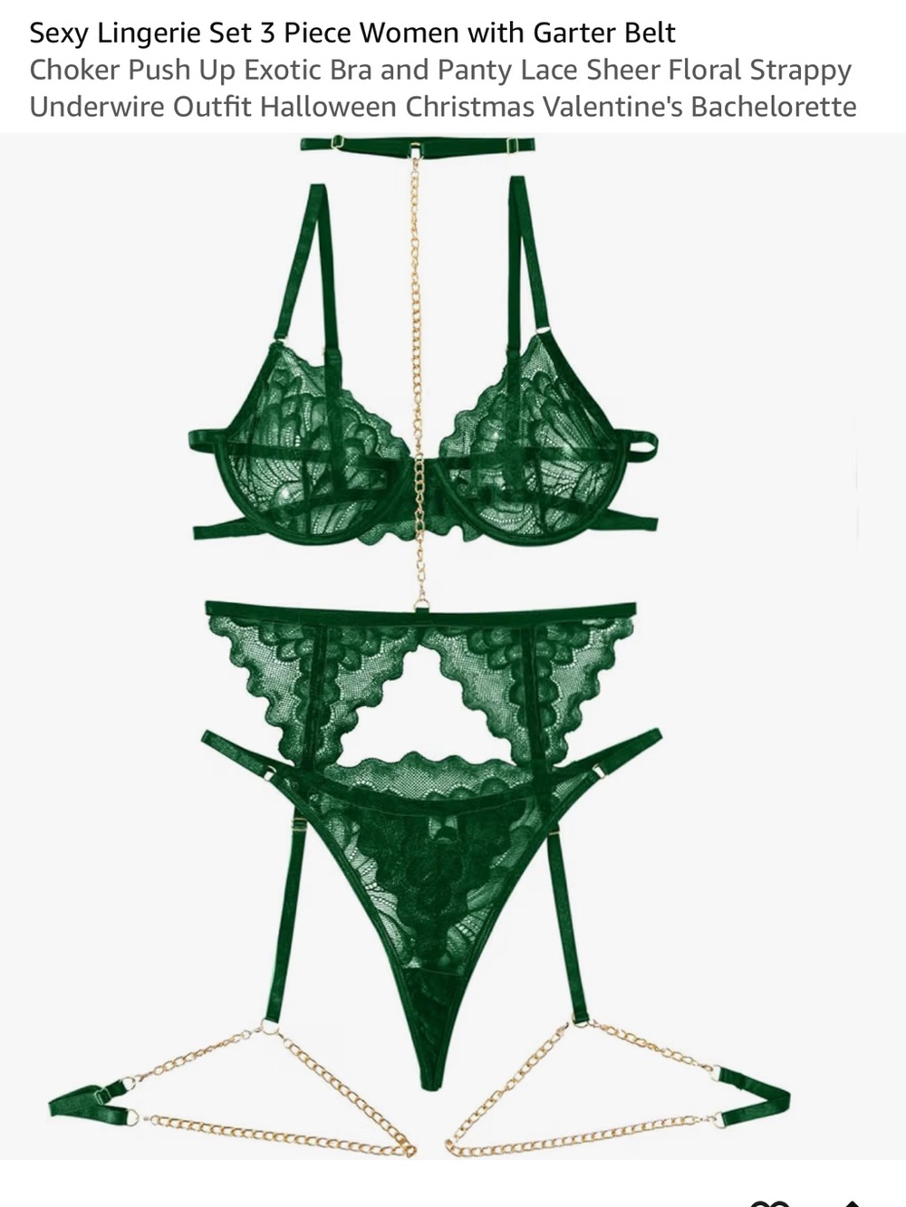 Green Lace 3-Piece Garter Lingerie Set with Choker